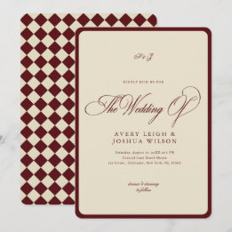 Ivory & Burgundy Checkered Border Retro Wedding Einladung
