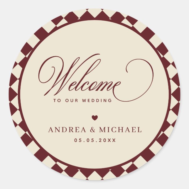 Ivory & Burgundy Checkered Retro Wedding Welcome Runder Aufkleber (Vorderseite)