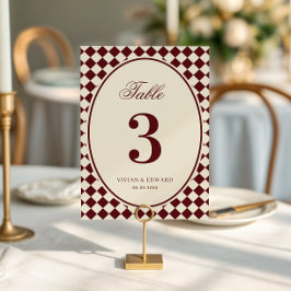 Ivory & Burgundy Checkered Wedding Table Number Einladung