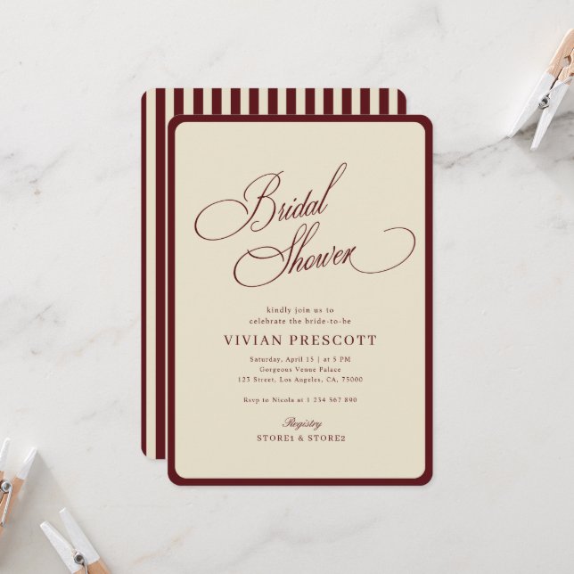 Ivory Burgundy Stripes Border Retro Bridal Shower Einladung (Vorderseite/Rückseite Beispiel)