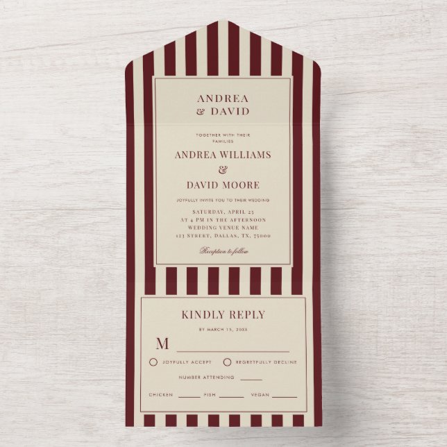 Ivory & Burgundy Stripes Border Retro Wedding All In One Einladung (Innen Boden)