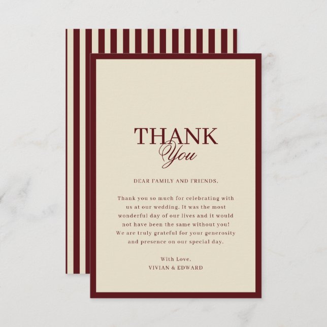 Ivory & Burgundy Stripes Border Retro Wedding Dankeskarte (Vorne/Hinten)