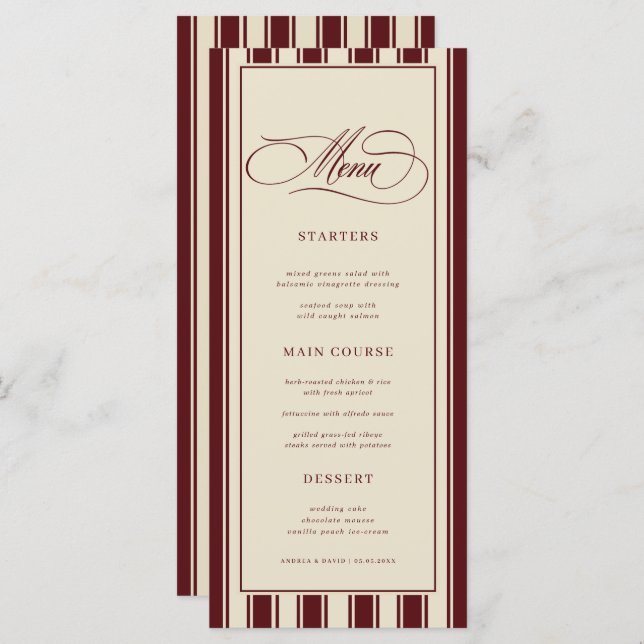 Ivory & Burgundy Stripes Border Retro Wedding Menükarte (Vorne/Hinten)