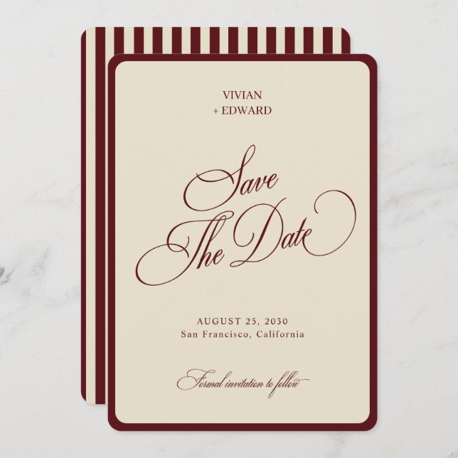 Ivory & Burgundy Stripes Border Retro Wedding Save The Date (Vorne/Hinten)