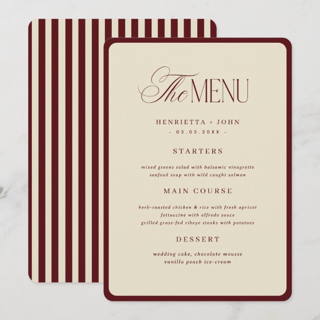 Ivory Burgundy Stripes Border Wedding Menu Card Einladung (Vorne/Hinten)