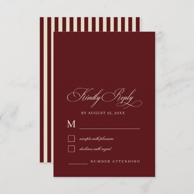 Ivory & Burgundy Stripes Retro Old Money Wedding RSVP Karte (Vorne/Hinten)