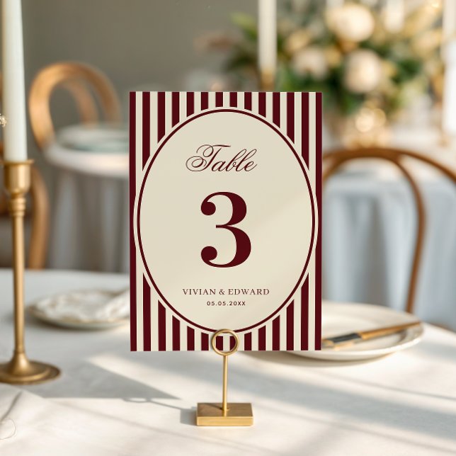 Ivory Burgundy Stripes Retro Wedding Table Number Einladung (Von Creator hochgeladen)