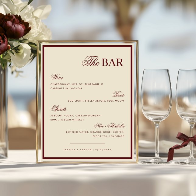 Ivory & Burgundy The Wedding Bar Drink Menu Sign Poster (Von Creator hochgeladen)