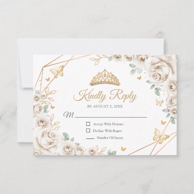 Ivory Cream Gold Floral Quinceanera Reply RSVP Karte (Vorderseite)