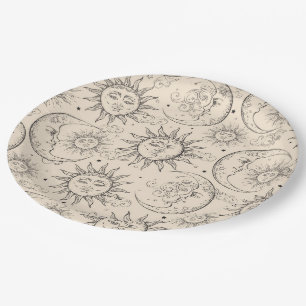 Ivory Cream Magic Vintag Celestial Sun Moon Stars Pappteller