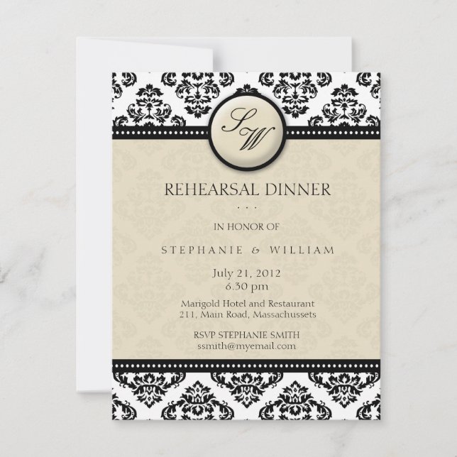 Ivory Damask Monogram Probe Dinner Card Einladung (Vorderseite)