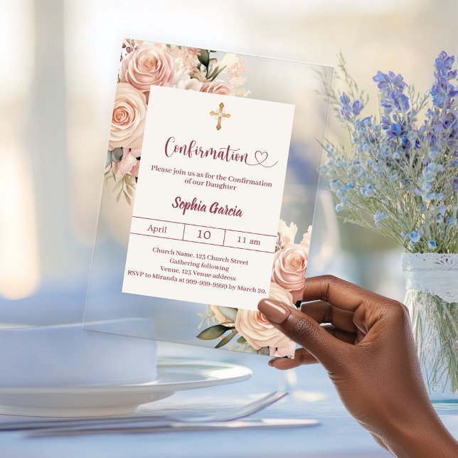 Ivory dusty rose florals luxury Confirmation Acryleinladungen (Von Creator hochgeladen)