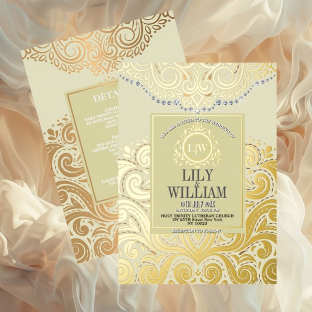 Ivory Elegant Artdeco Diamond Monogram Wedding Folieneinladung (Luxurious Elegant Classic Boho Wedding Invitation - Real Foil and Monogram)