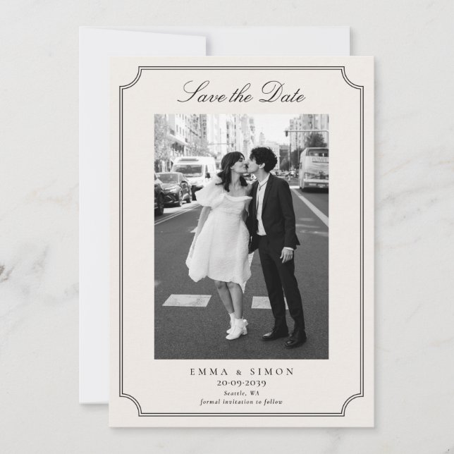 Ivory Elegant Frame Photo Save the Date Dankeskarte (Vorderseite)