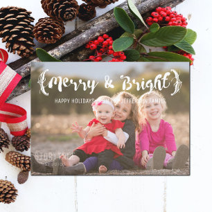 Ivory Elegant Sketched Merry & Bright Foto Feiertagskarte