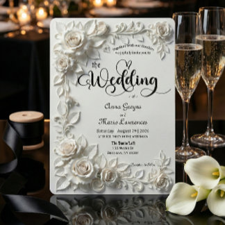 Ivory Faux Plaster Relief Roses Formal Wedding Einladung