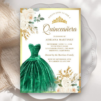 Ivory Floral Emerald Green Gown Gold Quinceanera Einladung