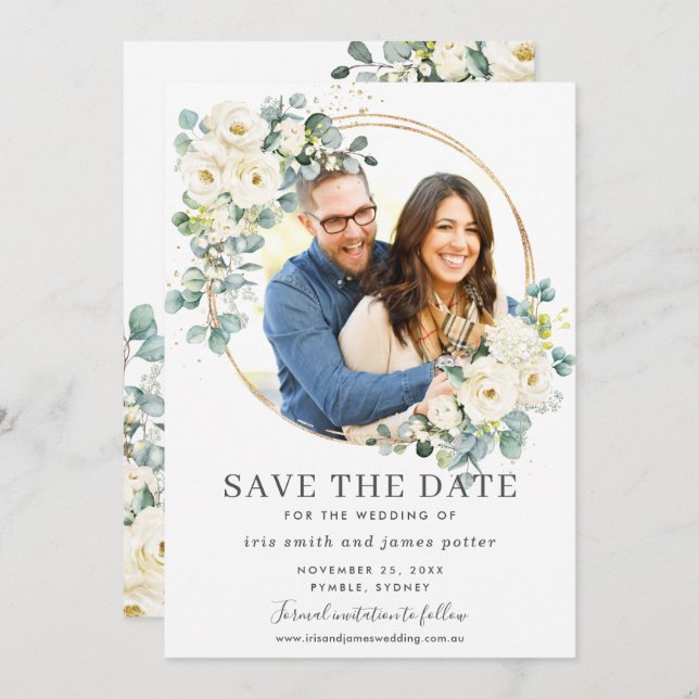 Ivory Floral Eukalyptus Foto Save the Date Karte (Vorne/Hinten)