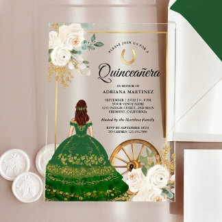 Ivory floral Green Dress Charro Gold Quinceanera Acryleinladungen