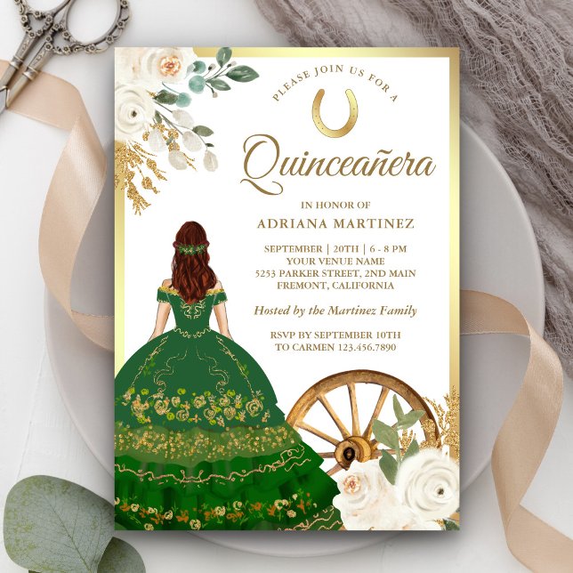 Ivory floral Green Dress Charro Gold Quinceanera Einladung (Von Creator hochgeladen)