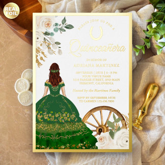 Ivory floral Green Dress Charro Quinceanera Gold Folieneinladung
