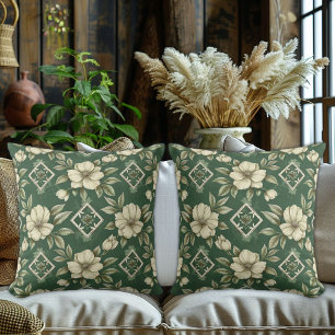 Ivory Floral on Emerald Background Kissen