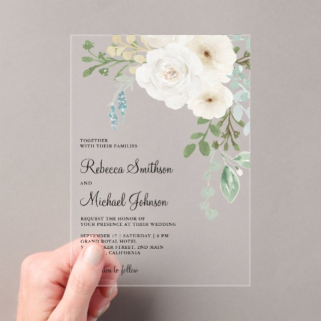 Ivory Floral Sage Green Leaves Wedding Acryleinladungen (Insitu (Handheld))