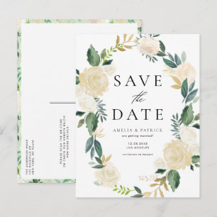Ivory Floral Wreath QR-Code Save the Date Ankündigungspostkarte
