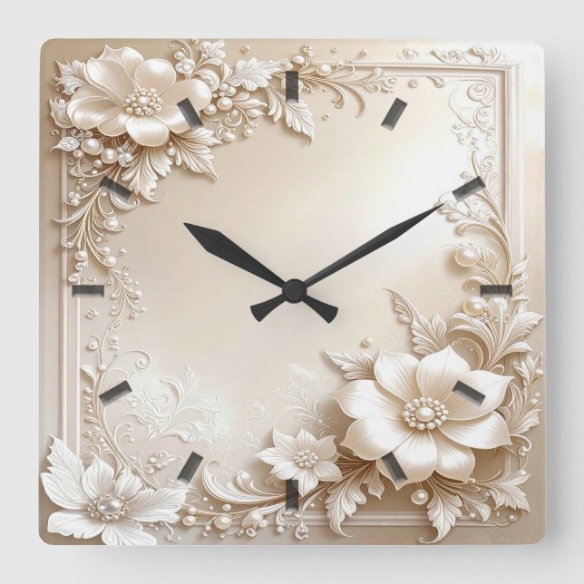 Ivory Flowers Wall Clock Quadratische Wanduhr (Vorderseite)