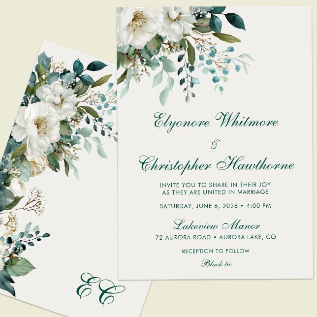 Ivory Forest Teal Script Floral Wedding Einladung (Von Creator hochgeladen)