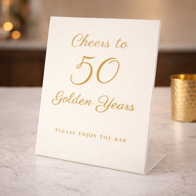 Ivory Gold 50th Anniversary Bar Sign Elegant Scrip Sockelschild (Elegant ivory and gold 50th anniversary bar pedestal sign.)
