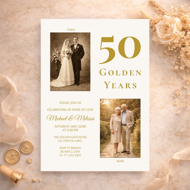 Ivory Gold 50th Anniversary Photo Then and Now  Einladung (Elegant ivory gold 50th anniversary invitation with romantic then and now design)
