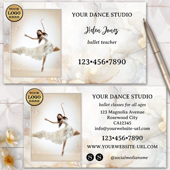 Ivory Gold Artistic Ballet Tanz Studio Visitenkarte (Photo business card for a dance or ballet teacher, dance school or studio - logo - social media)