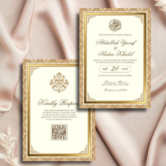 Ivory Gold Damask Elegance QR Code Muslim Hochzeit Einladung (Von Creator hochgeladen)