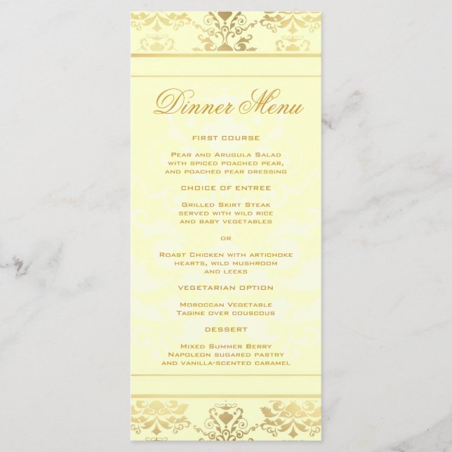 Ivory & Gold Damask Slim Dinner Menü Menükarte (Vorderseite)