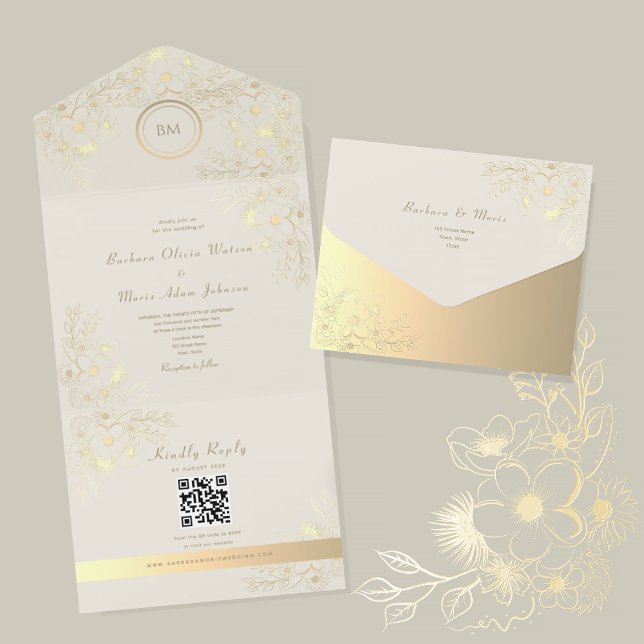 Ivory Gold Floral QR Code Wedding All In One Einladung (Von Creator hochgeladen)