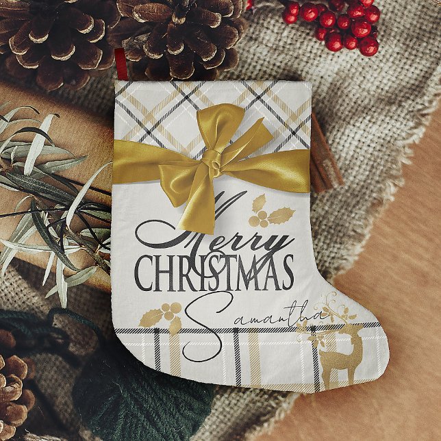 Ivory & Gold Kariert Rentier & Name Frohe Weihnach Großer Weihnachtsstrumpf (ivory & cream & black with faux gold bow and reindeer personalized with name Christmas Stocking)