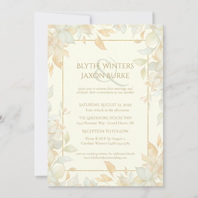 Ivory Gold Leafy Border Botanical Elegant Wedding  Einladung (Vorderseite)