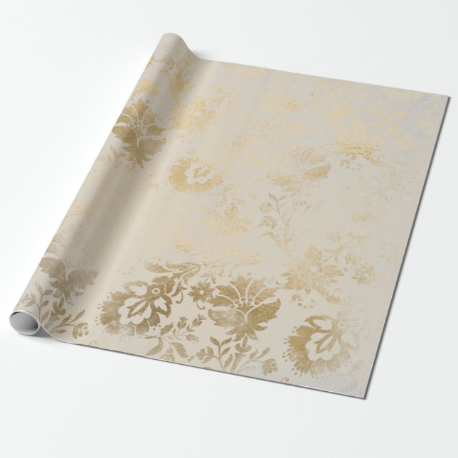 Ivory Gold Sepia Rose Floral Hütte Grungy Damask Geschenkpapier (Ungerollt)