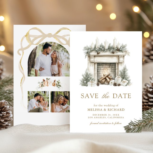 Ivory Gold Weihnachts-Feuerplatz Bow Foto Hochzeit Save The Date (Von Creator hochgeladen)