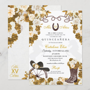 Ivory Gold Western Charro Boots Quinceanera Einladung