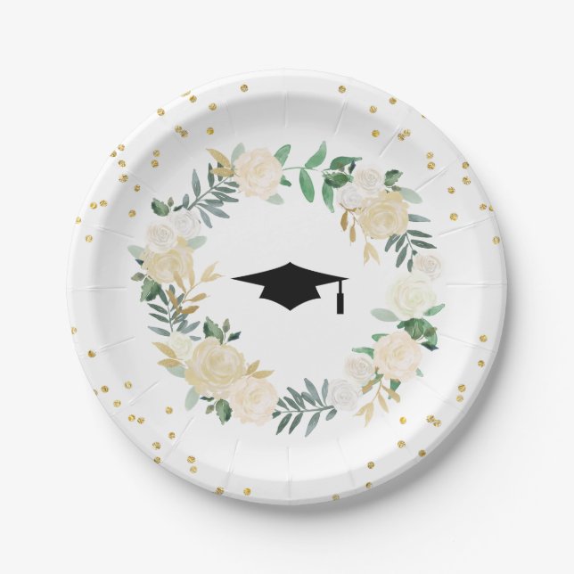Ivory Golden Floral Modern Frame Graduation Party Pappteller (Vorderseite)
