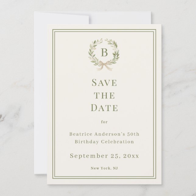 Ivory green monogram wreath birthday save the date (Vorderseite)