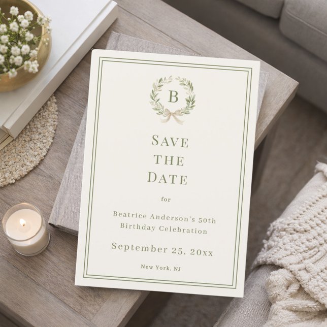 Ivory green monogram wreath birthday save the date (Von Creator hochgeladen)
