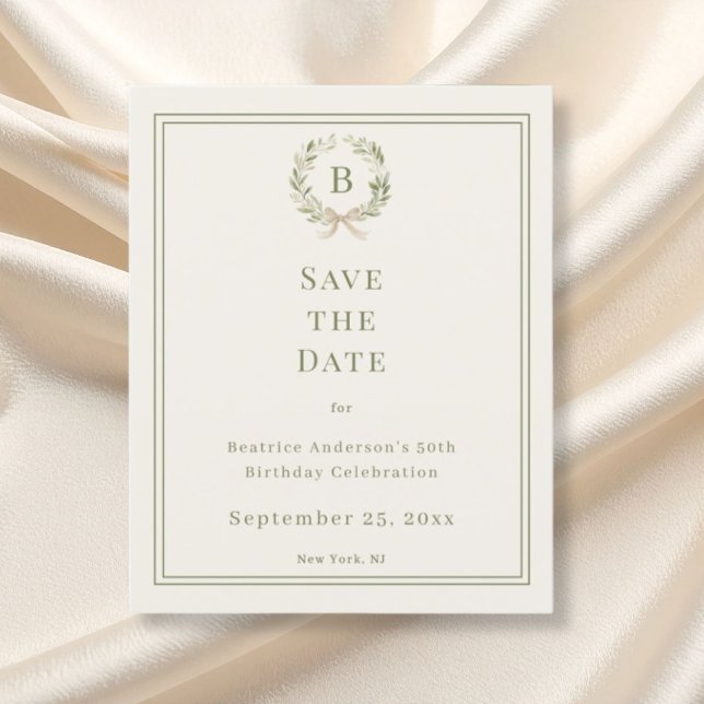 Ivory green monogram wreath birthday save the date (Von Creator hochgeladen)