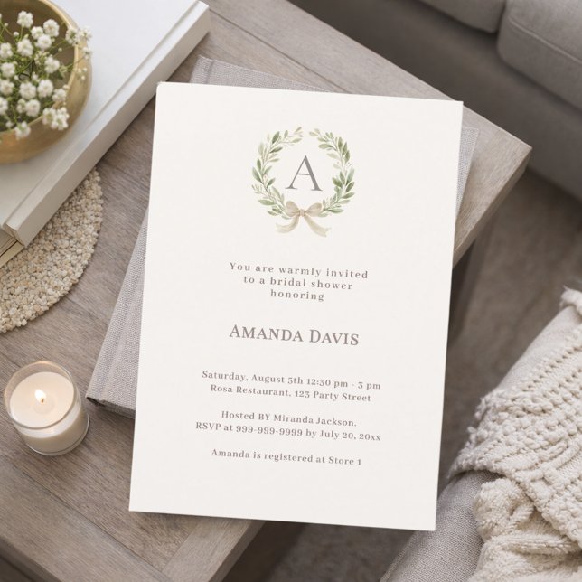 Ivory greenery bow monogrammed Bridal Shower Einladung (Von Creator hochgeladen)