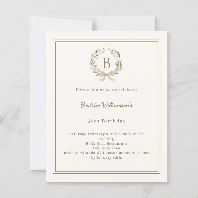 Ivory greenery wreath monogram Birthday invitation (Vorderseite)