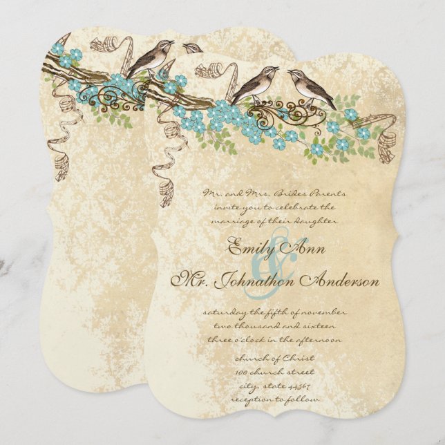 Ivory Lace Aqua Blue Blossom Einladung (Vorne/Hinten)