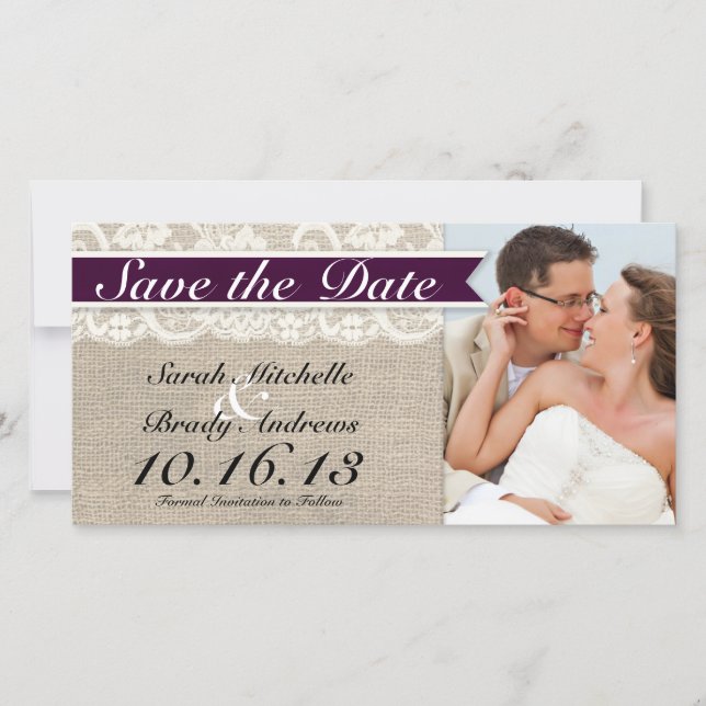 Ivory Lace & Burlap Vintag Save the Date - Pflaume (Vorderseite)
