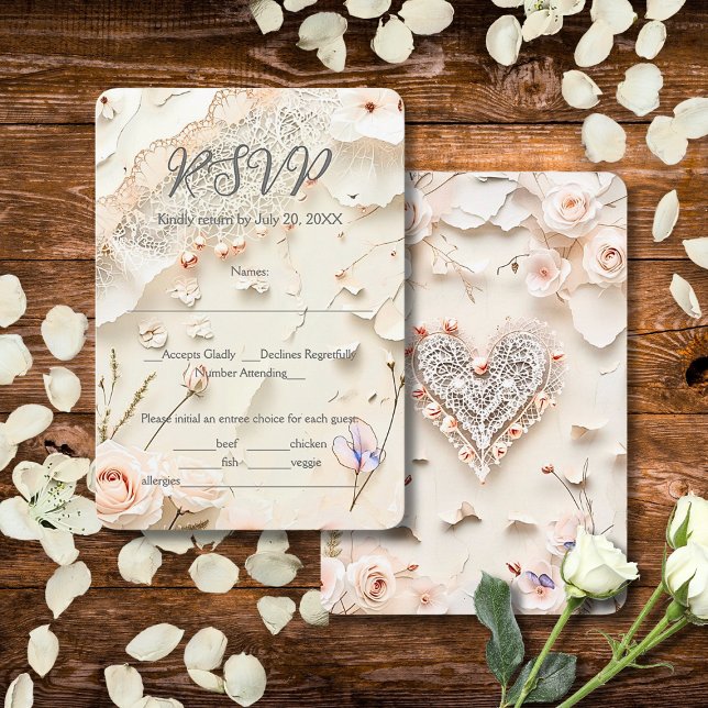 Ivory Lace Heart Floral Romantic Spring Wedding RSVP Karte (Von Creator hochgeladen)